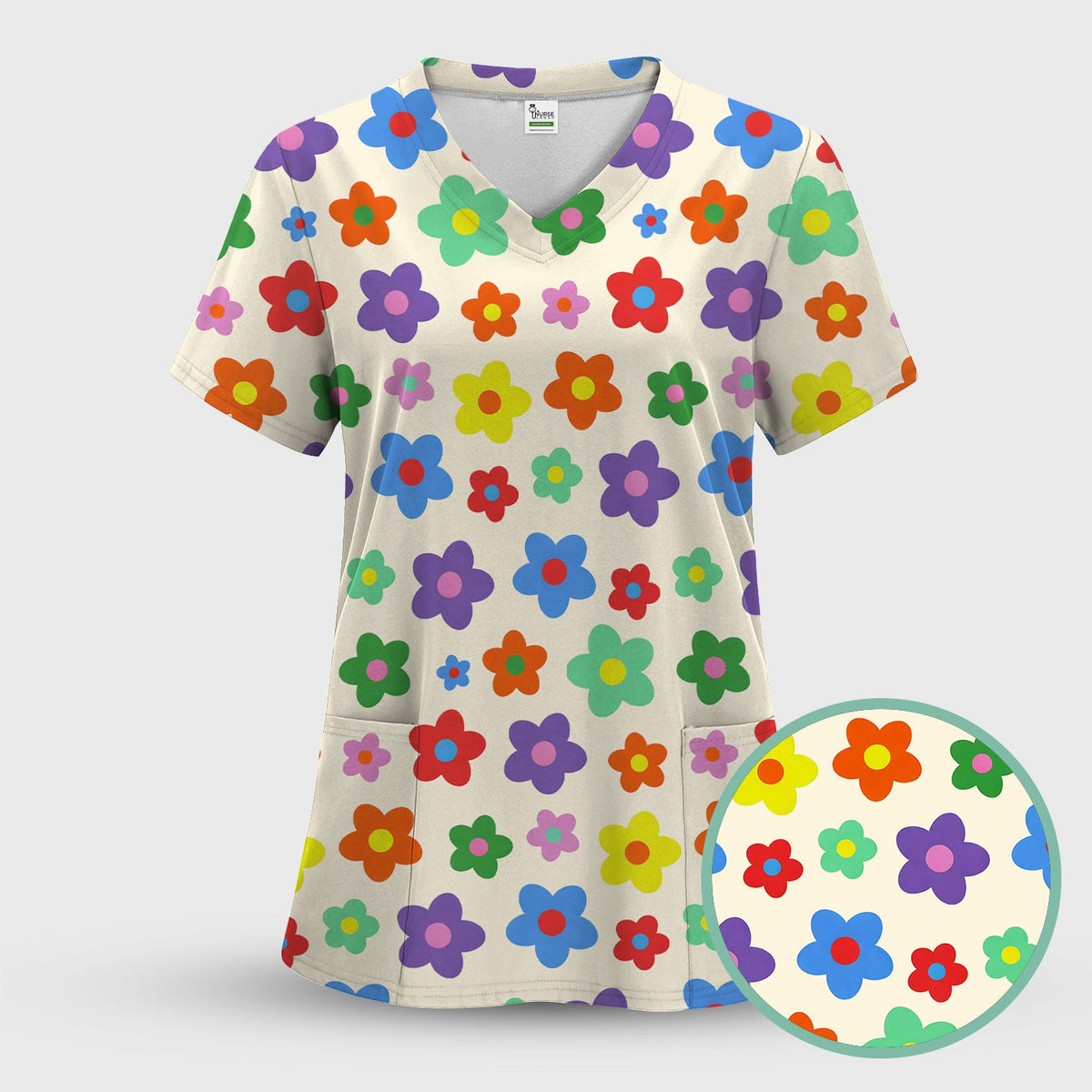 Colorful Retro Flower Nurse Scrub Top