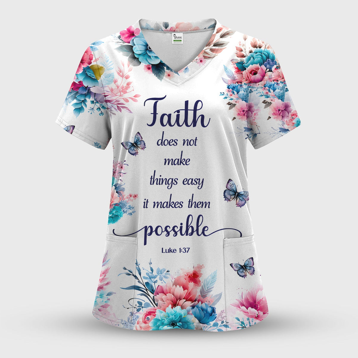 Faith Floral Butterfly Nurse Scrub Top