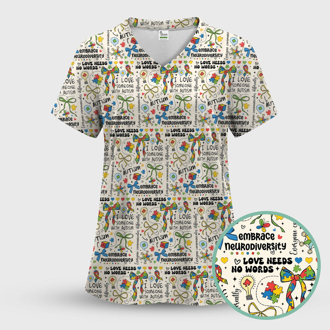 Autism Awareness Puzzle Ribbon Pastel Nurse Scrub Top