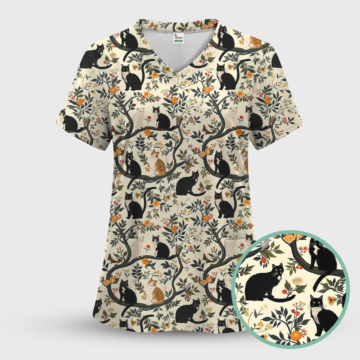 Vintage Black Cat Floral Nurse Scrub Set