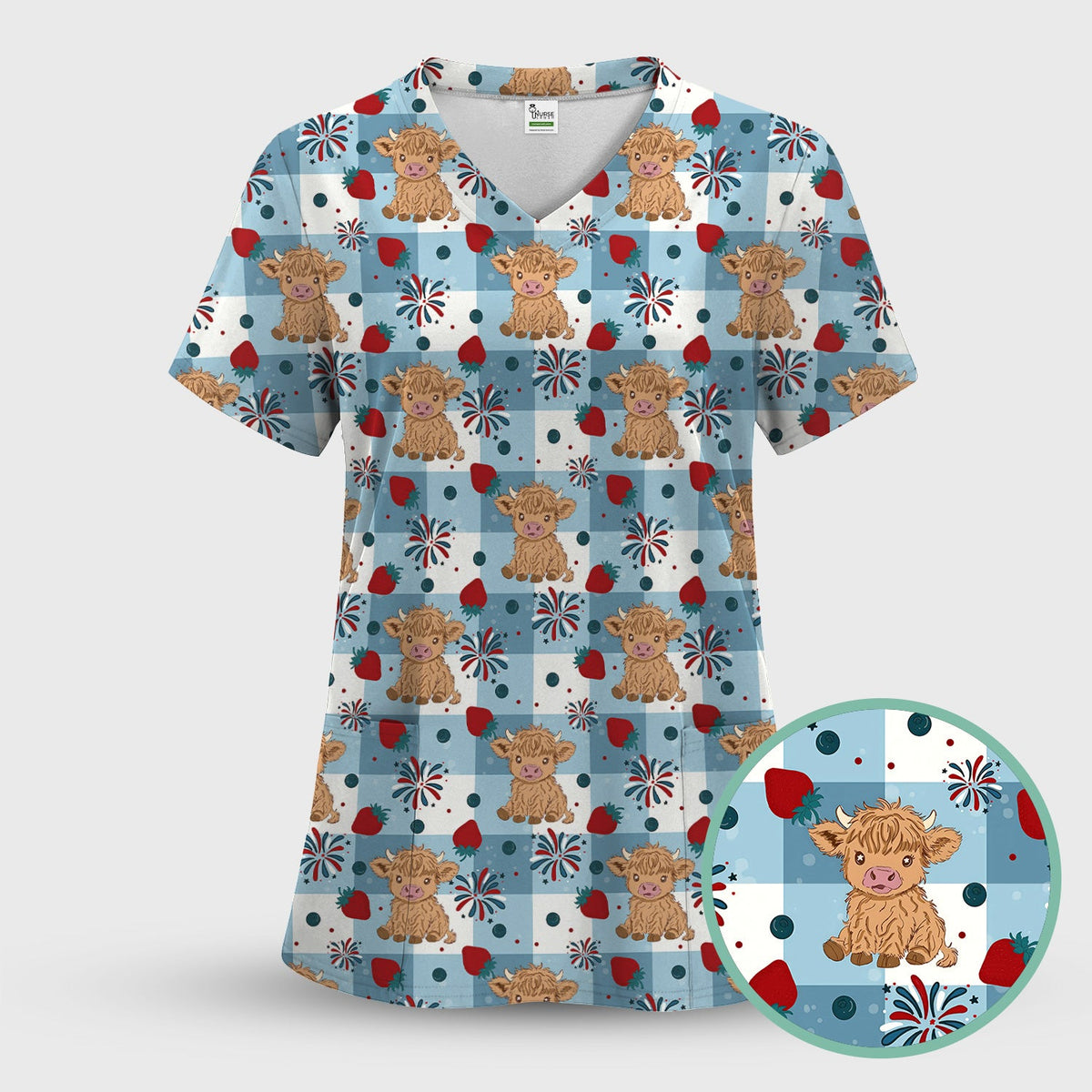 Highland Cow Strawberry Gingham Nurse Scrub Set