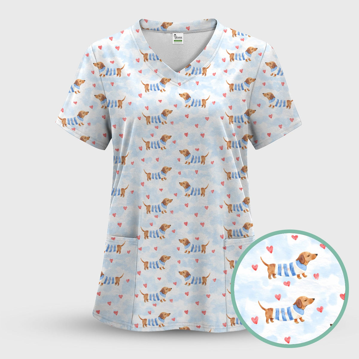 Sweet Dachshund Pink Hearts Nurse Scrub Set