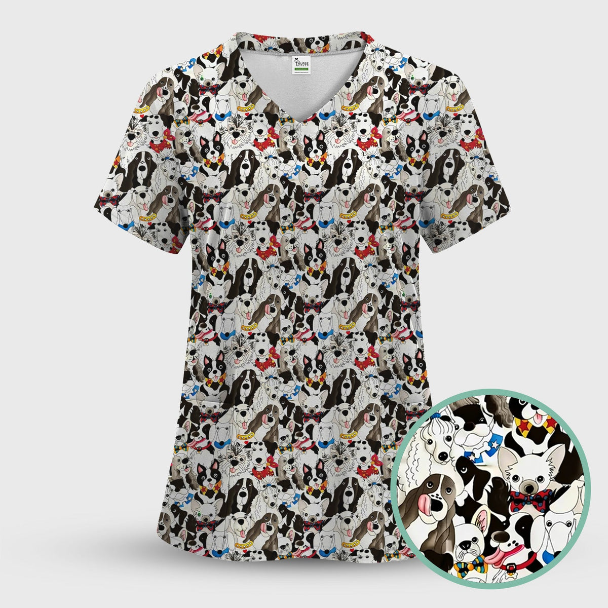 Cute Dog Cartoon All Over Print Scrub Top, Breathable Fabrics Nursing Uniform