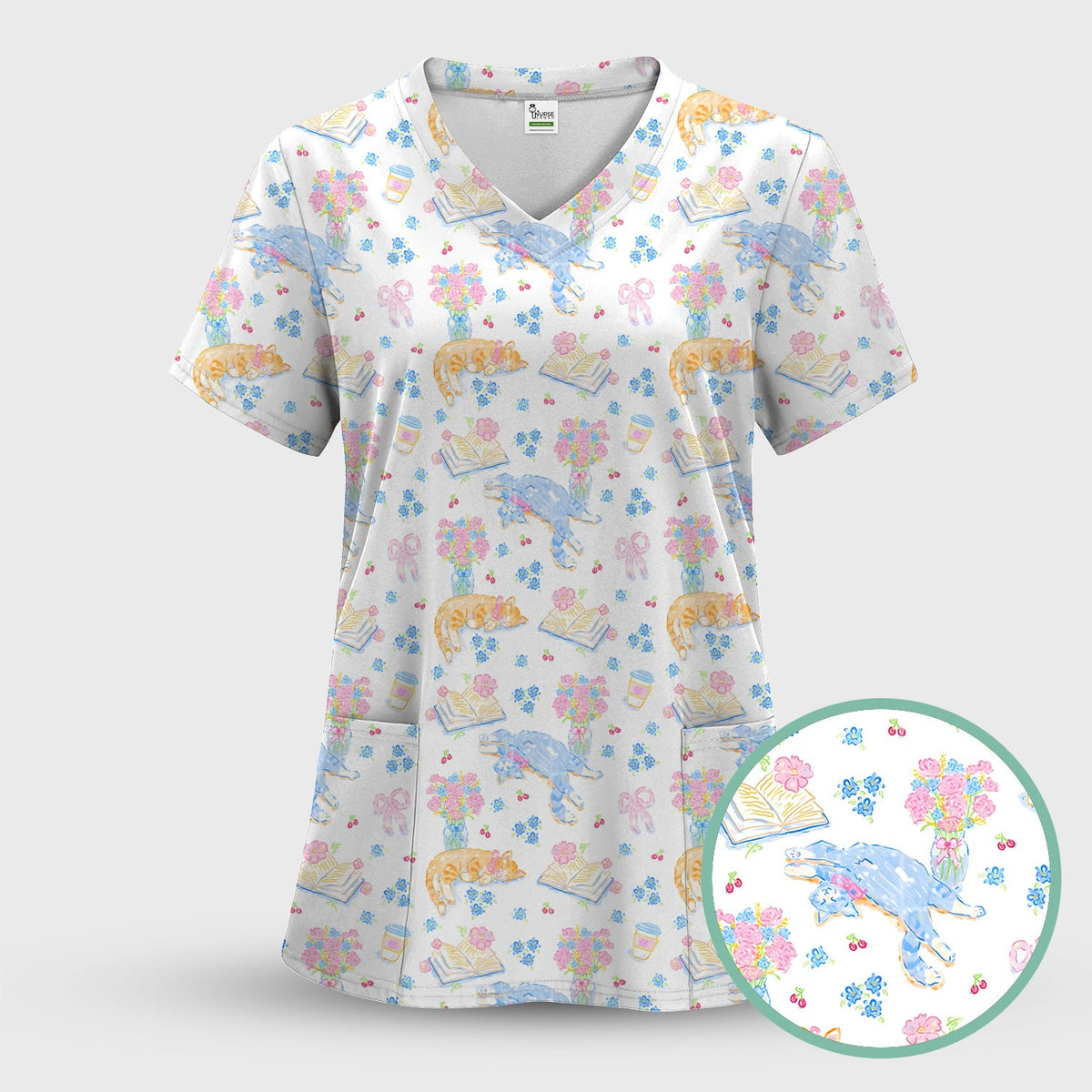 Cats Reading Floral Books Nurse Scrub Top