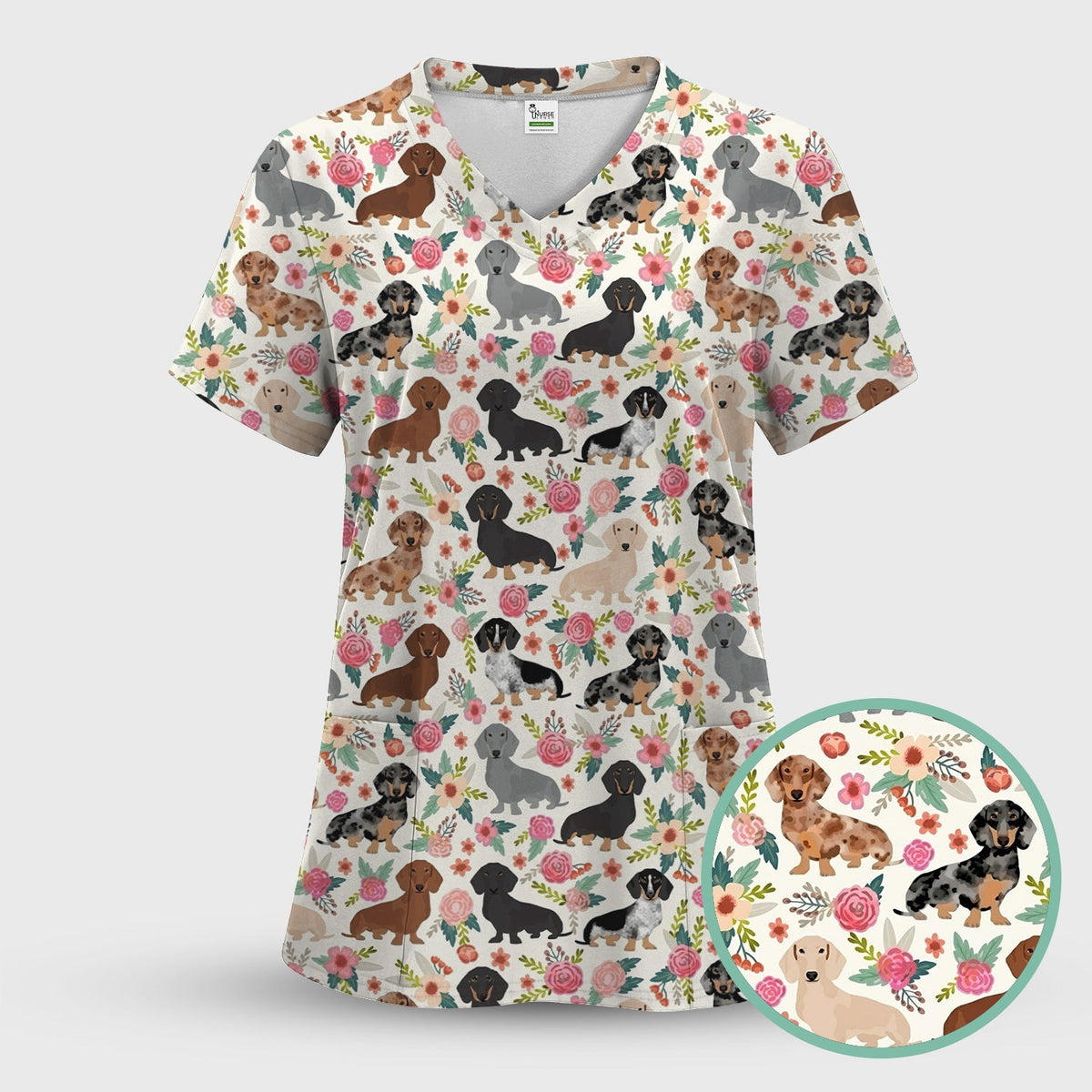 Adorable Dachshund Floral Nurse Scrub Set
