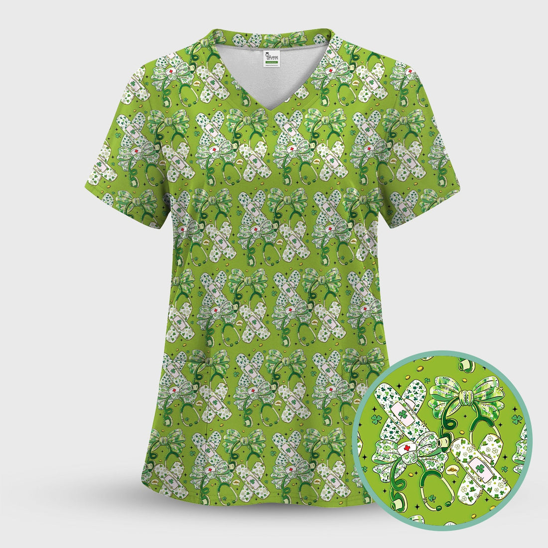 St Patrick Shamrock Stethoscope Nurse Scrub Top