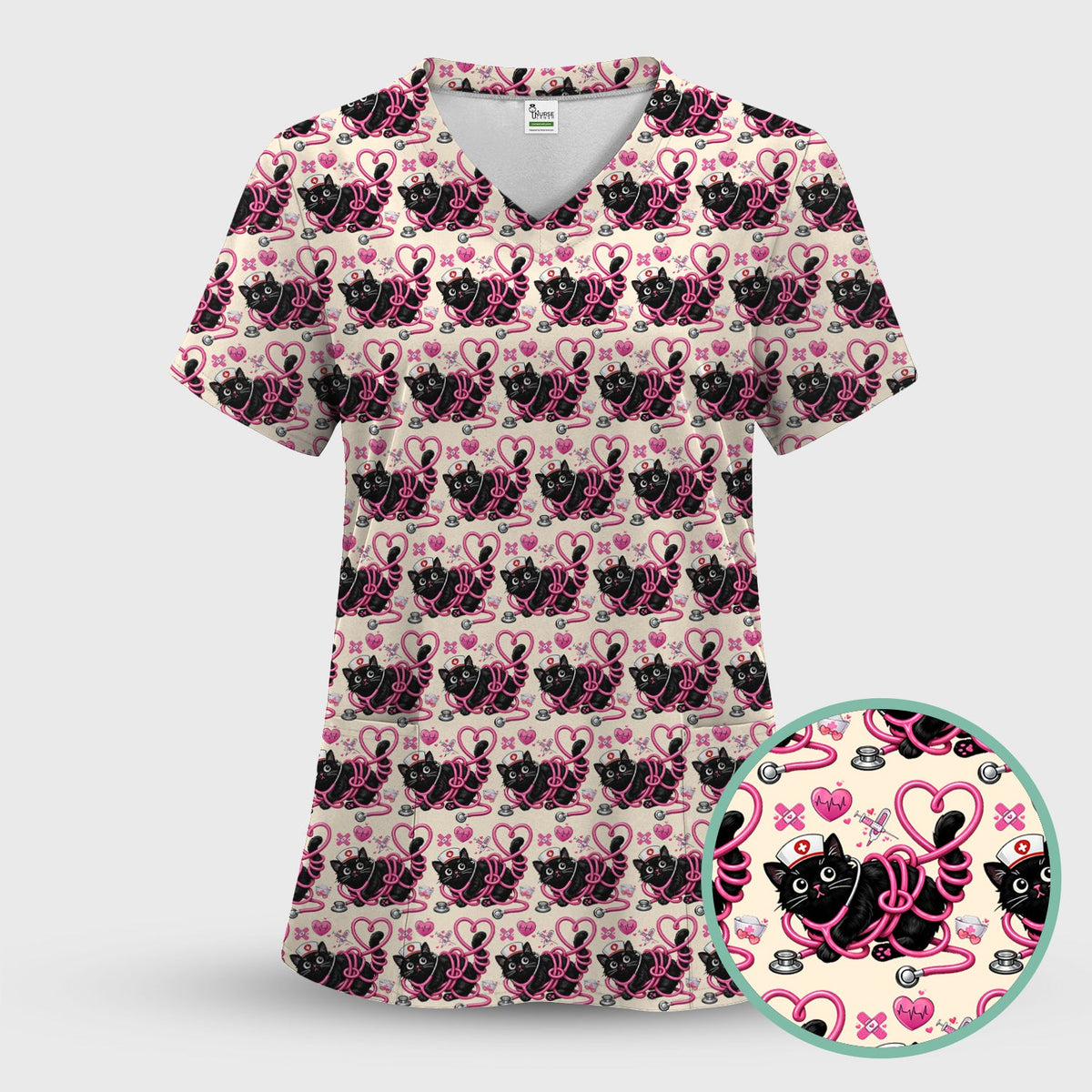 Valentine Cat Nurse Heart Scrub Top