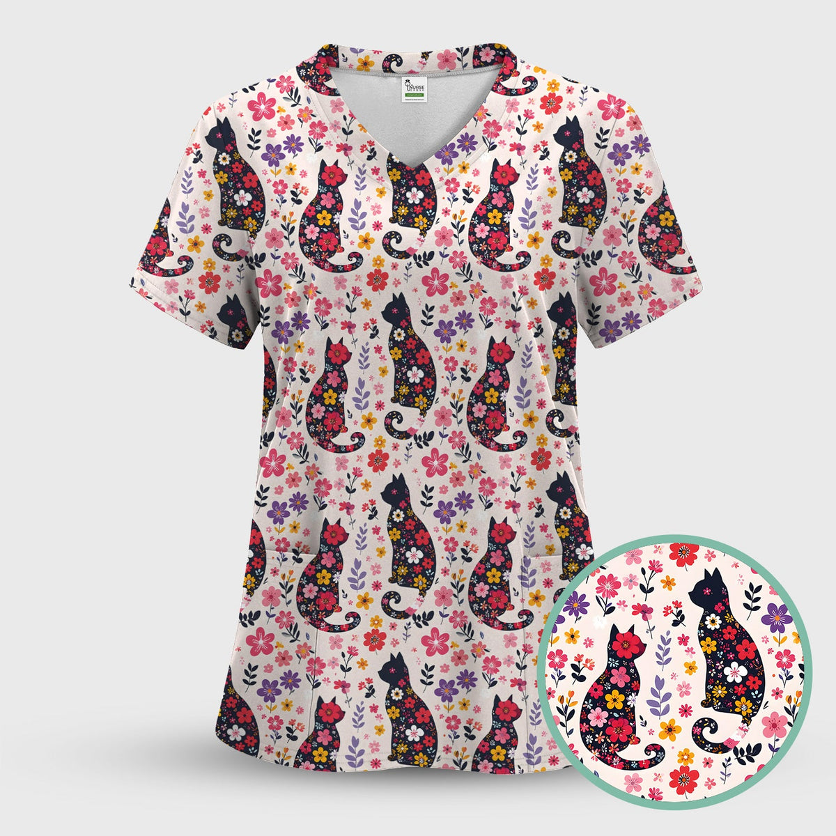 Floral Cat Silhouette Spring Garden Nurse Scrub Top