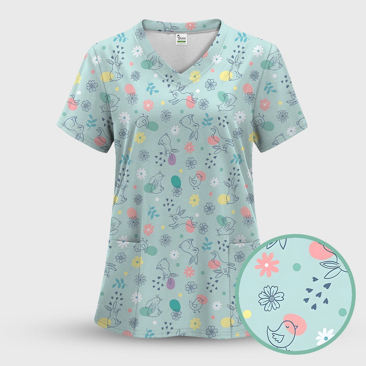 Whimsical Easter Bunny Eggs Nurse Scrub Top