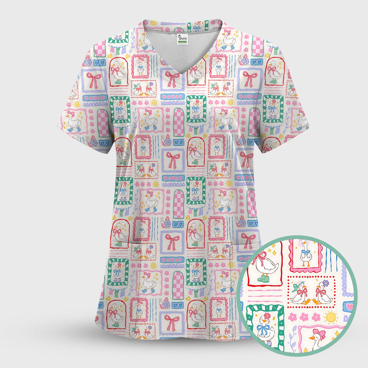 Adorable Goose Ribbon Patchwork Frame Nurse Scrub Set