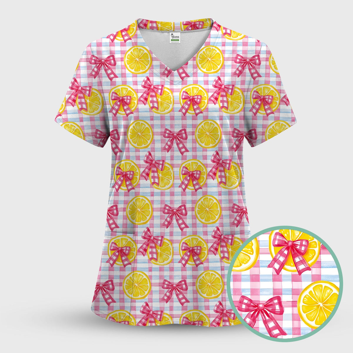 Lemon Slice Pink Bow Gingham Nurse Scrub Top