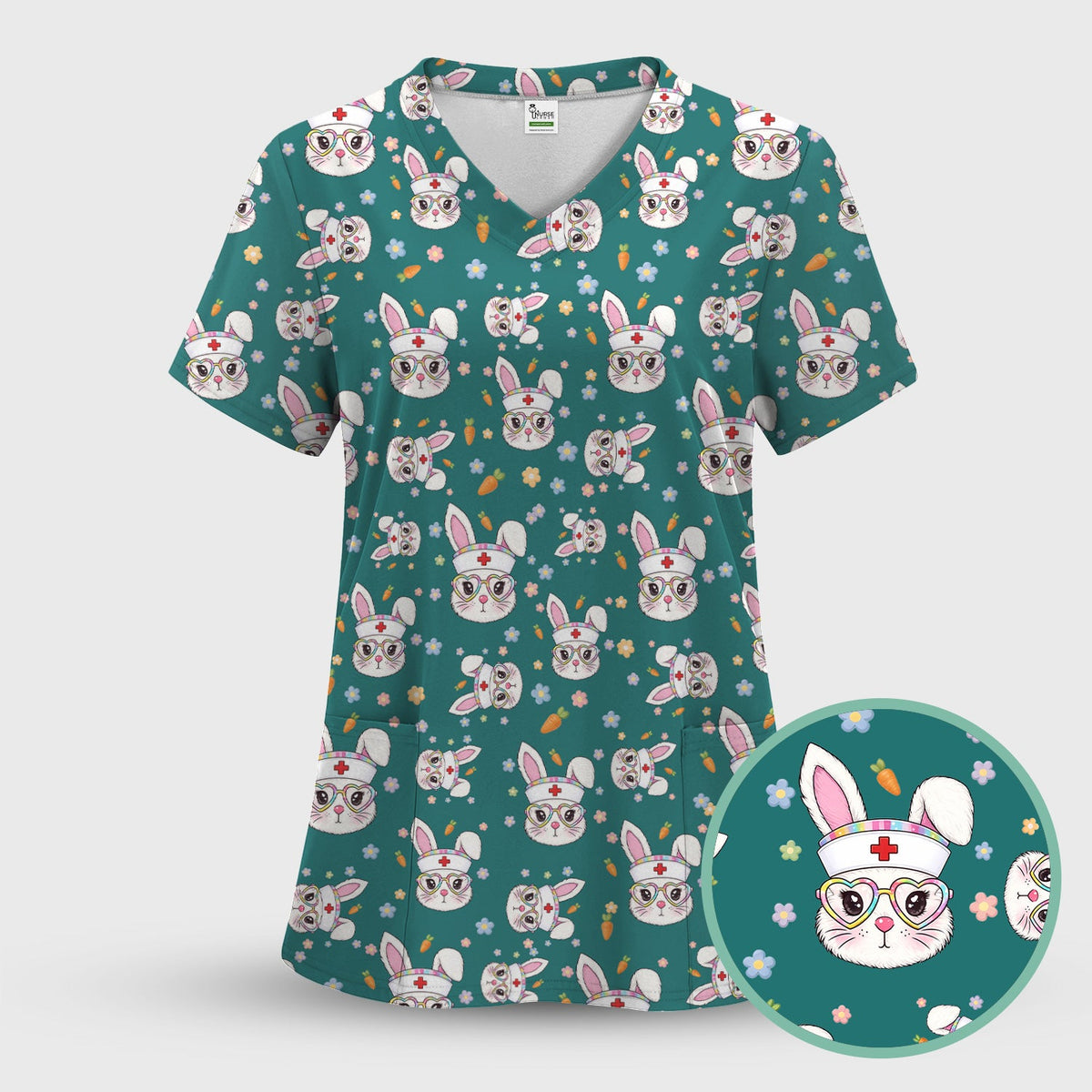 Cute Easter Bunny Nurse Pattern Scrub Top, Breathable Fabrics Nursing Uniform