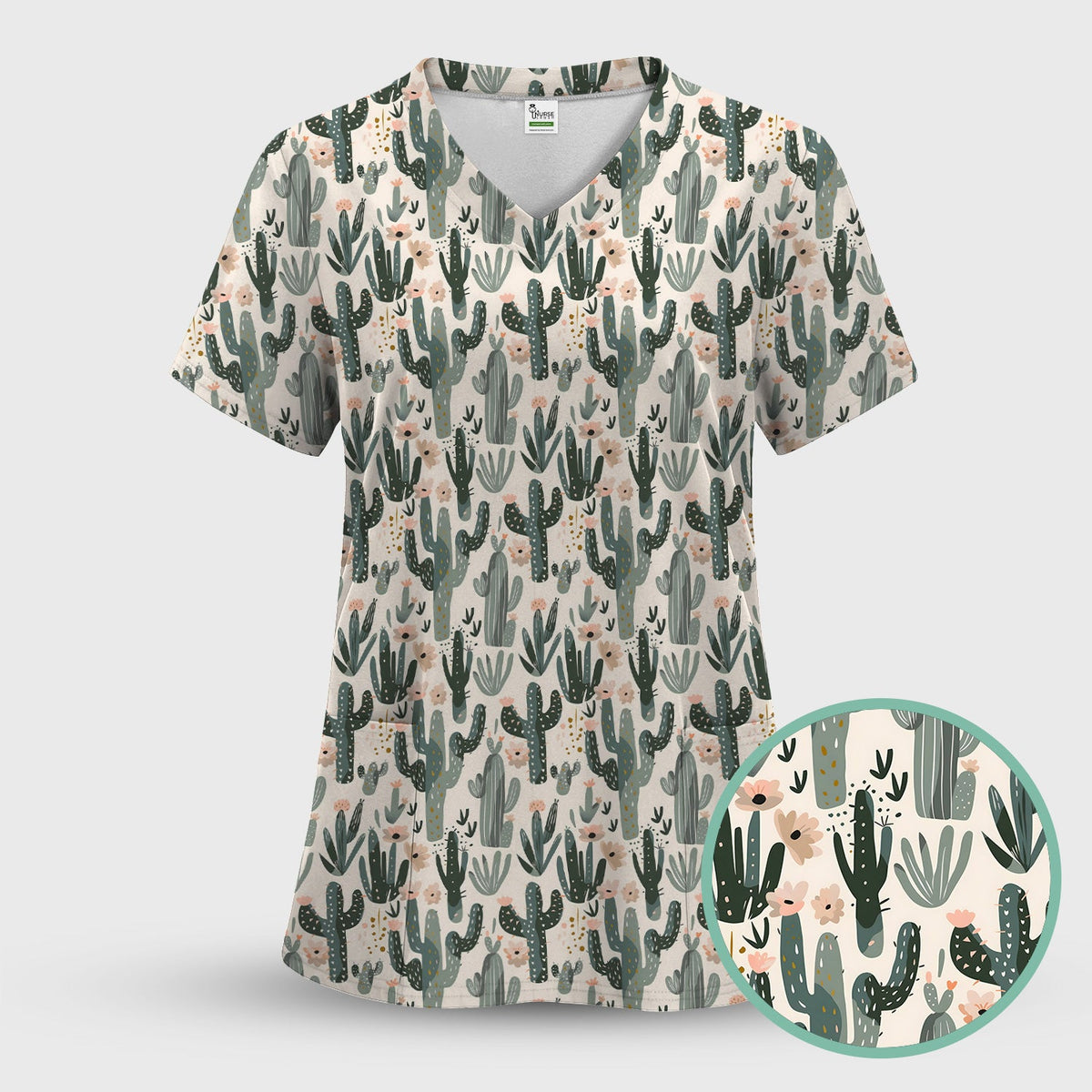 Green Cactus Desert Blossom Nurse Scrub Set