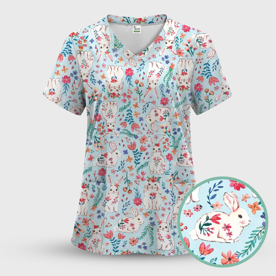 Springtime Bunny Floral Nurse Scrub Top