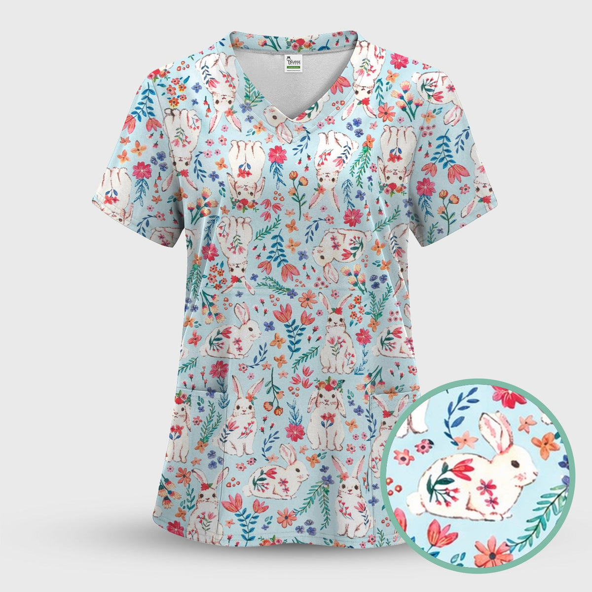 Springtime Bunny Floral Nurse Scrub Top