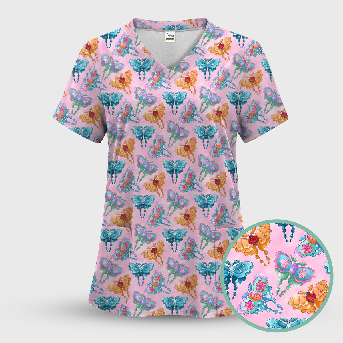 Colorful Butterfly Floral Blossom Nurse Scrub Set