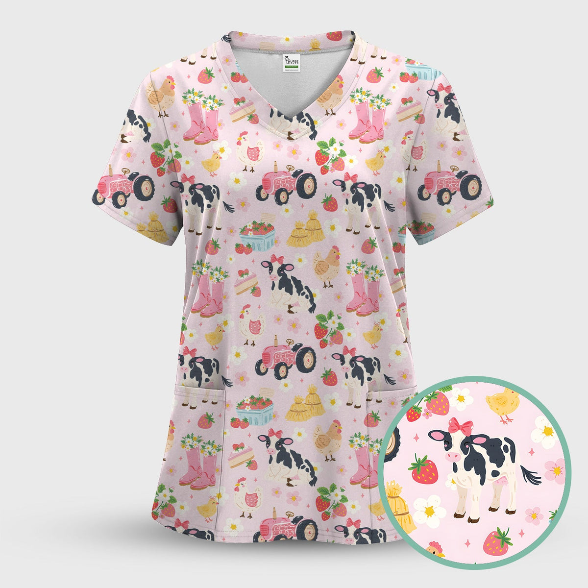 Farm Animals Strawberry Garden Nurse Scrub Top