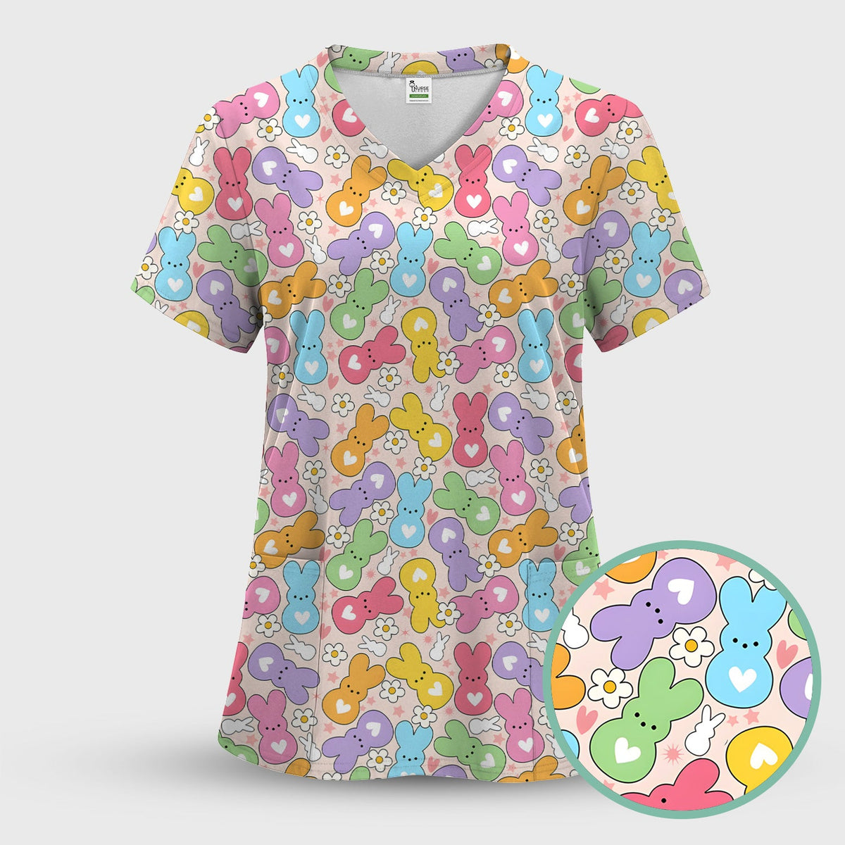 Sweet Pastel Bunny Daisy Scrub Top - Easter Gift For Nurse