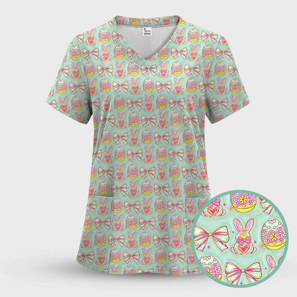 Bunny Pastel Egg Bow Nurse Scrub Set - Easter Gift