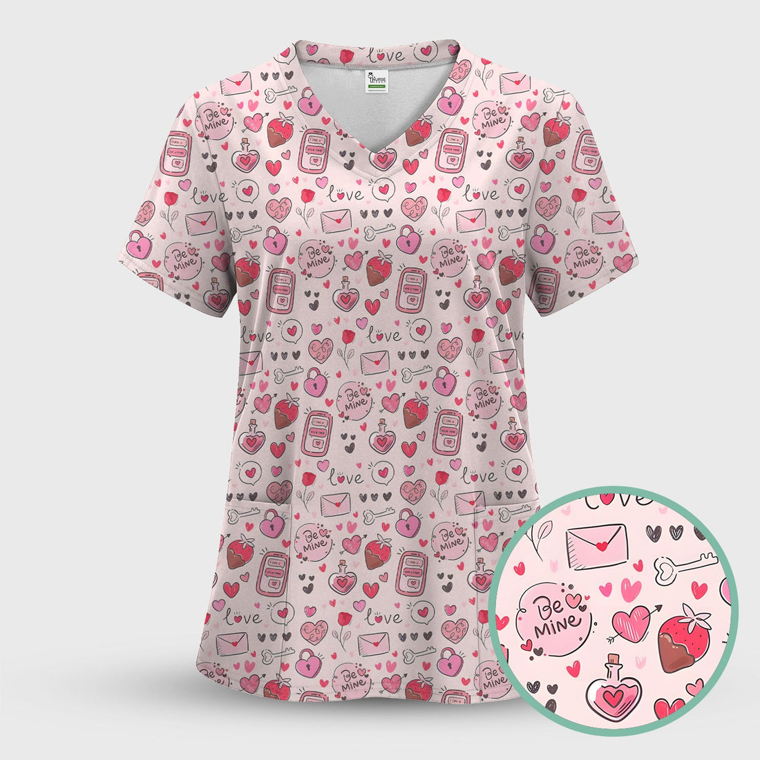 Be Mine Pink Heart Valentine Nurse Scrub Top