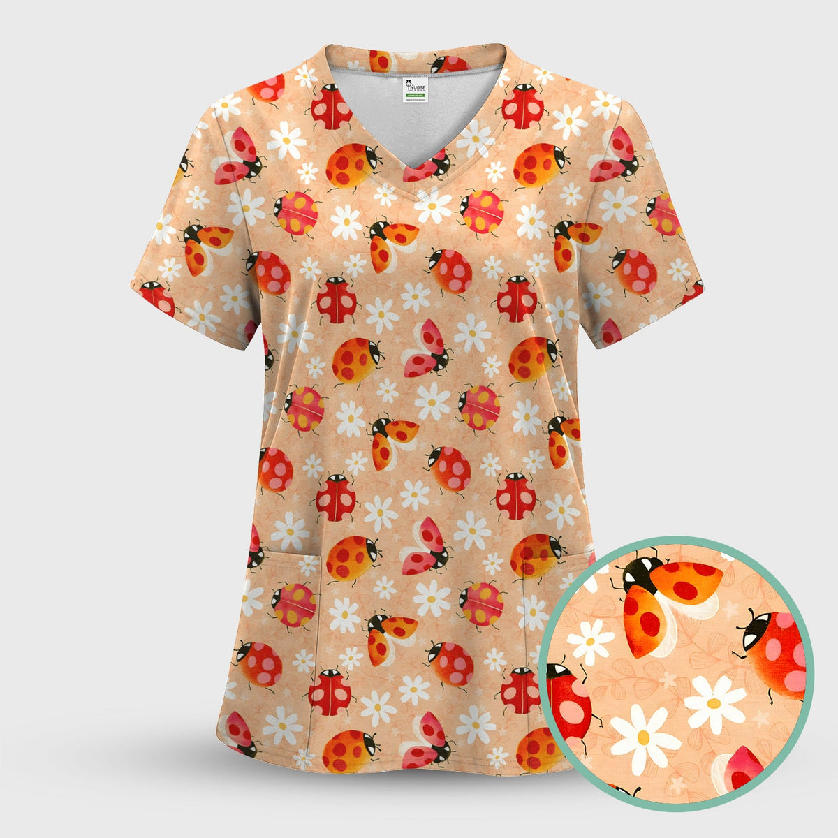 Ladybug Daisy Floral Pattern Scrub Set, Scrub Pants and V Neck Top
