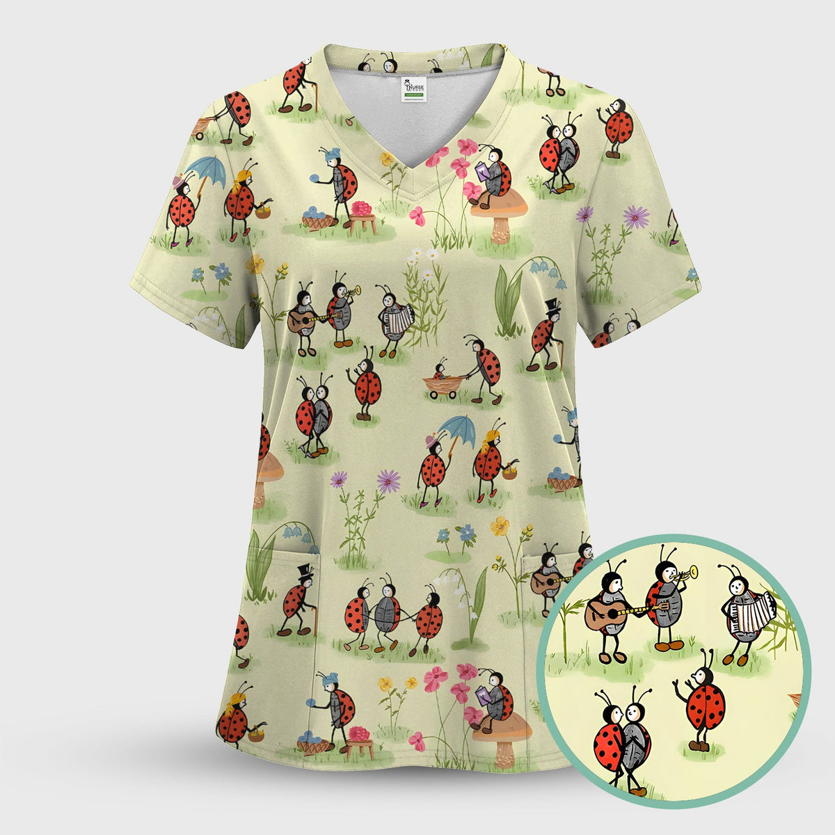 Whimsical Ladybug Garden Activity Nurse Scrub Set