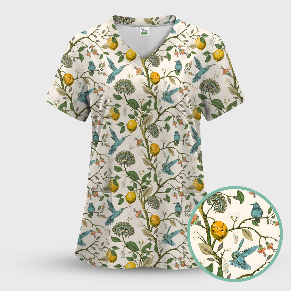 Hummingbird Lemon Floral Nurse Scrub Set