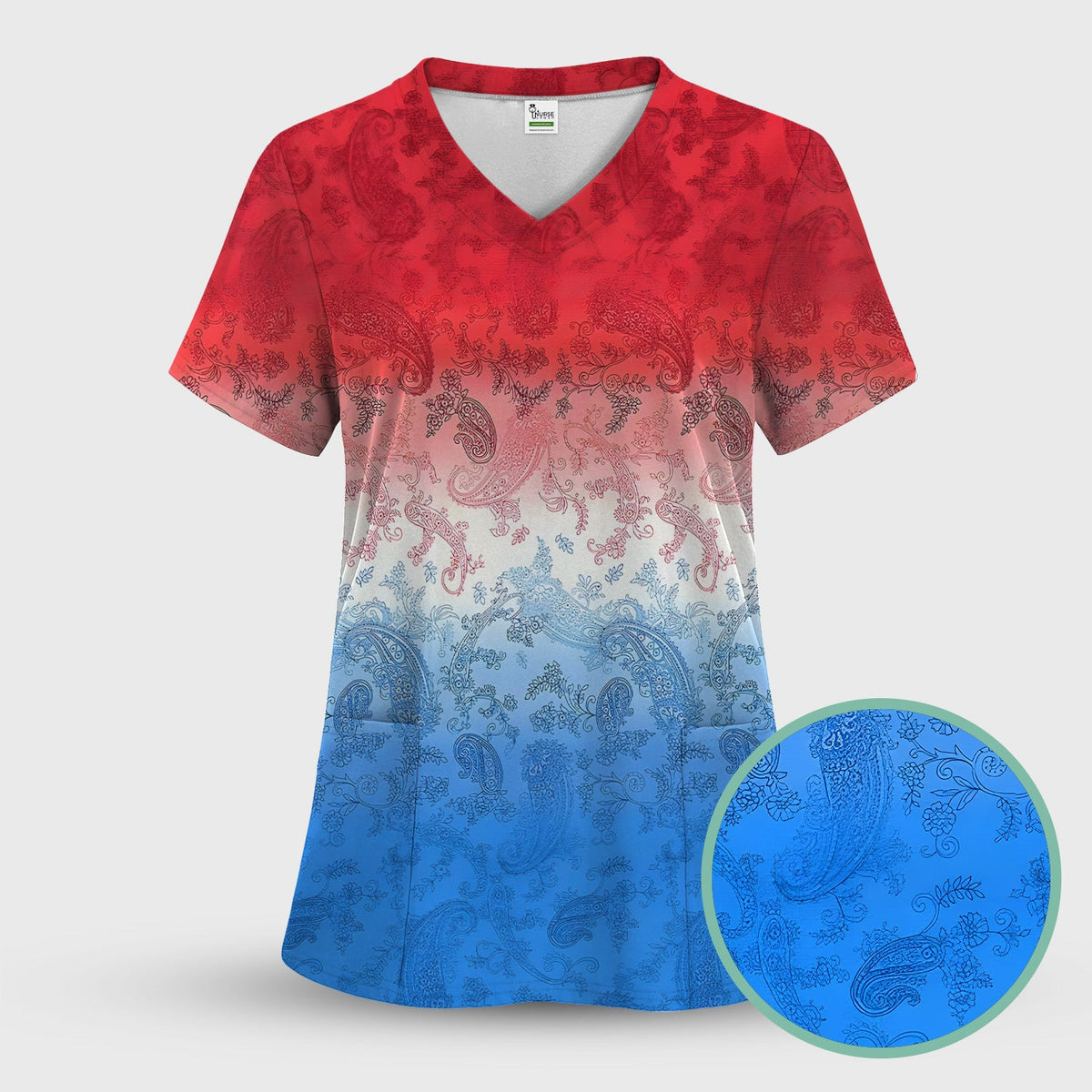 Red Blue Paisley Ombre Nurse Scrub Top