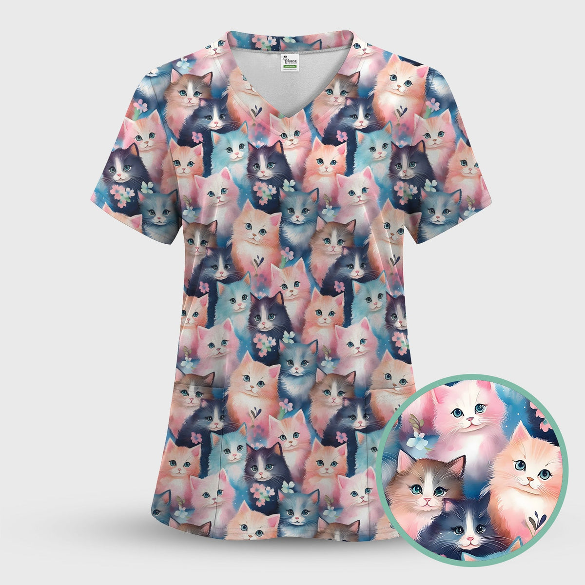Pastel Kitten Aesthetic Nurse Scrub Top