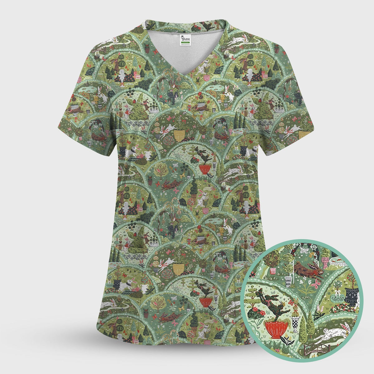 Whimsical Garden Scene Rabbit Nurse Scrub Set