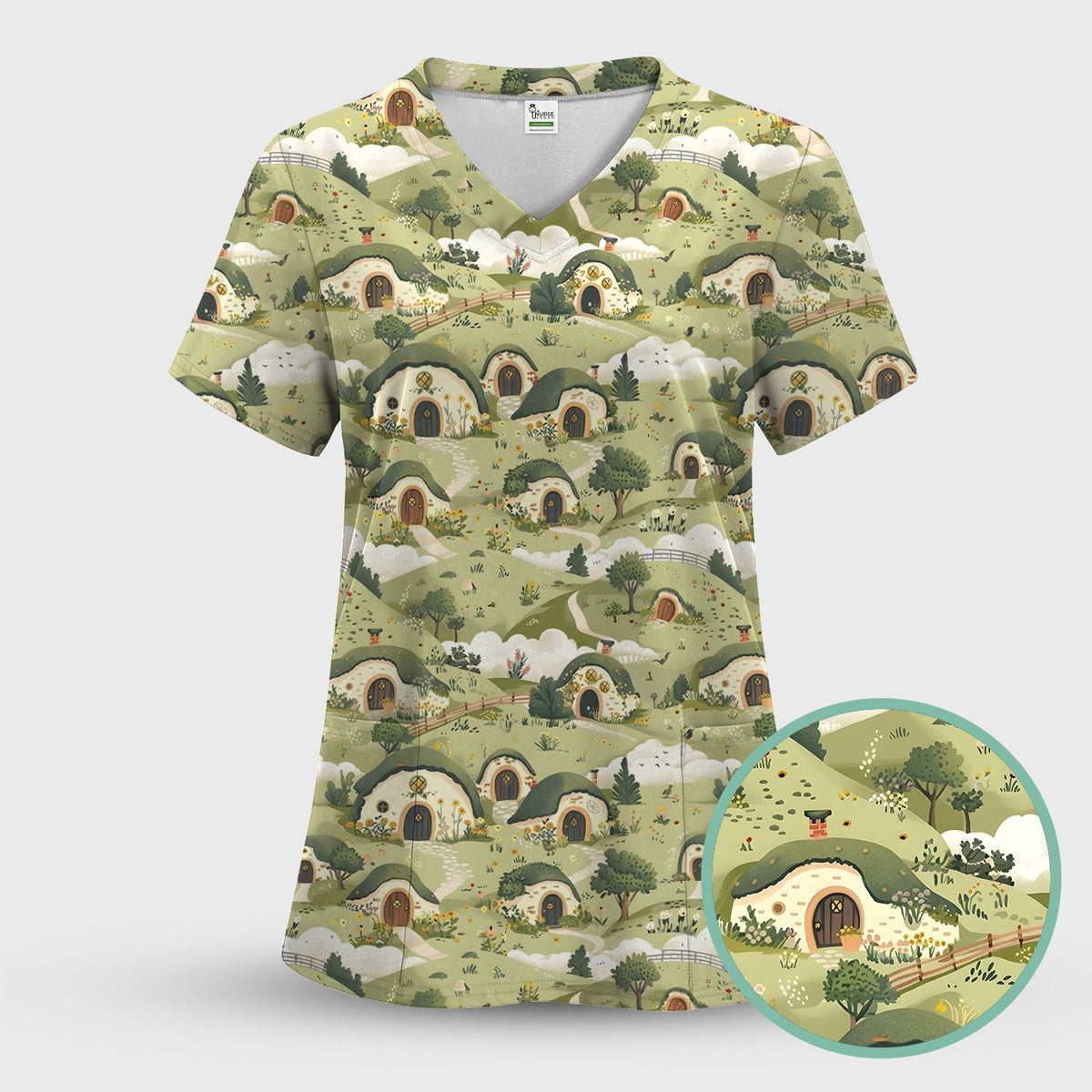 Cozy Hobbit Village Landscape Nurse Scrub Top