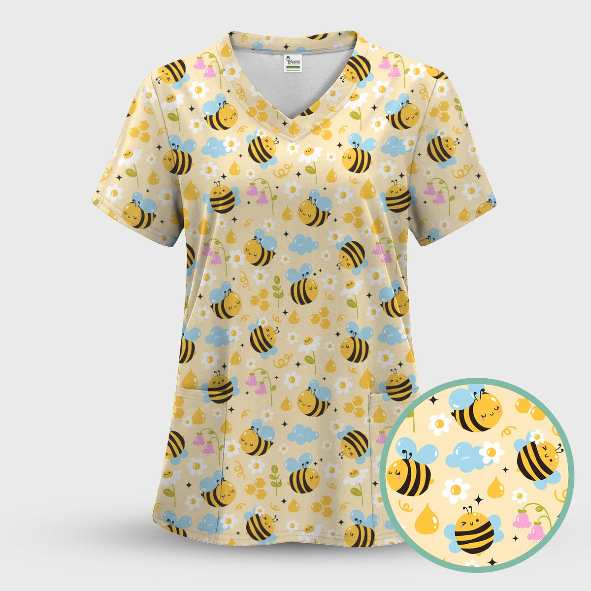 Honey Bee Flower Cloud Nurse Scrub Top