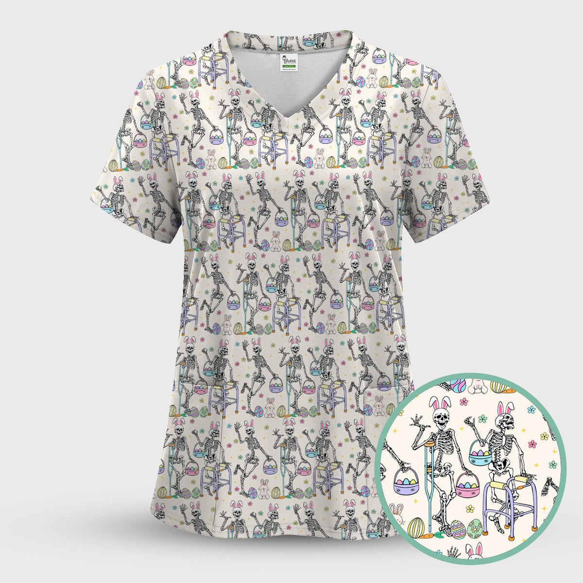 Fun Skeleton Bunny Nurse Scrub Top - Easter Gift