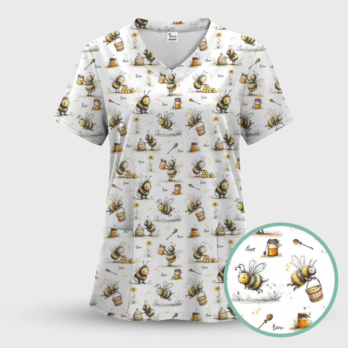 Cute Honey Bee Jar Garden Pattern Scrub Top, Comfortable Scrubs for Nurses