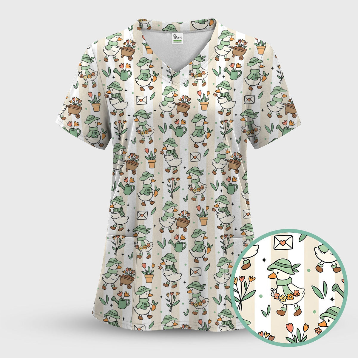 Gardening Duck Floral Nurse Scrub Top