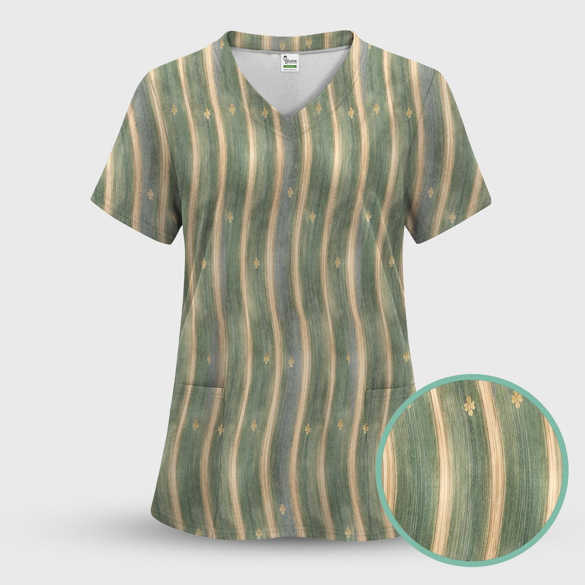 Nurse Green Vertical Stripe Floral Scrub Set