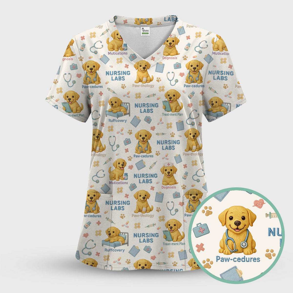 Labrador Nursing Scrub Top, Cute Dog Pattern Nurse Uniform,  Comfortable Scrubs For Nurses