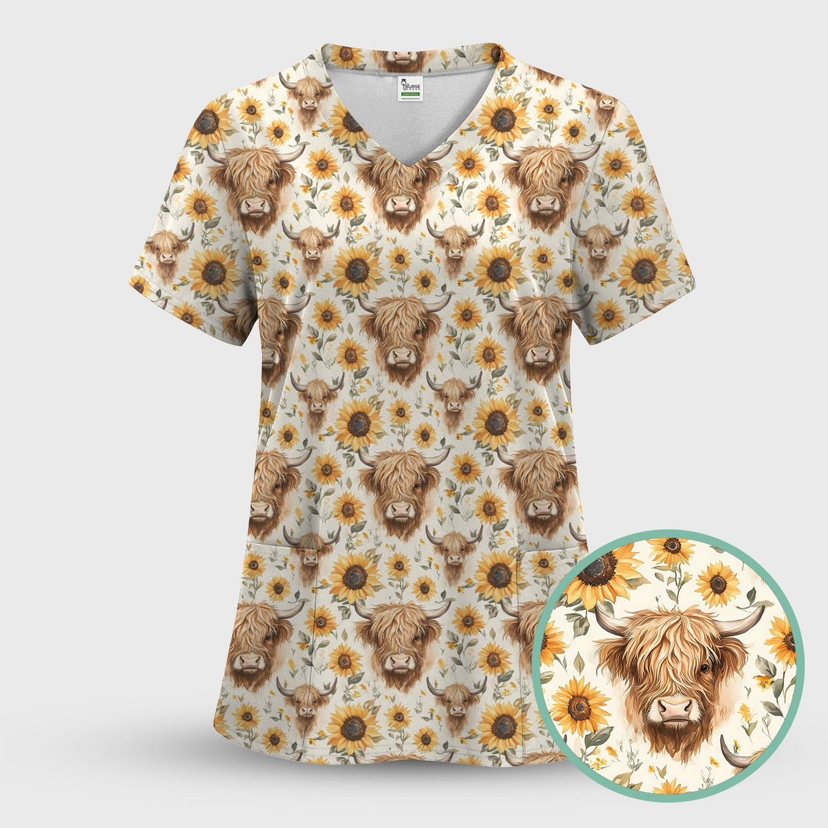 Highland Cow Sunflower Rustic Farmhouse Nurse Scrub Set