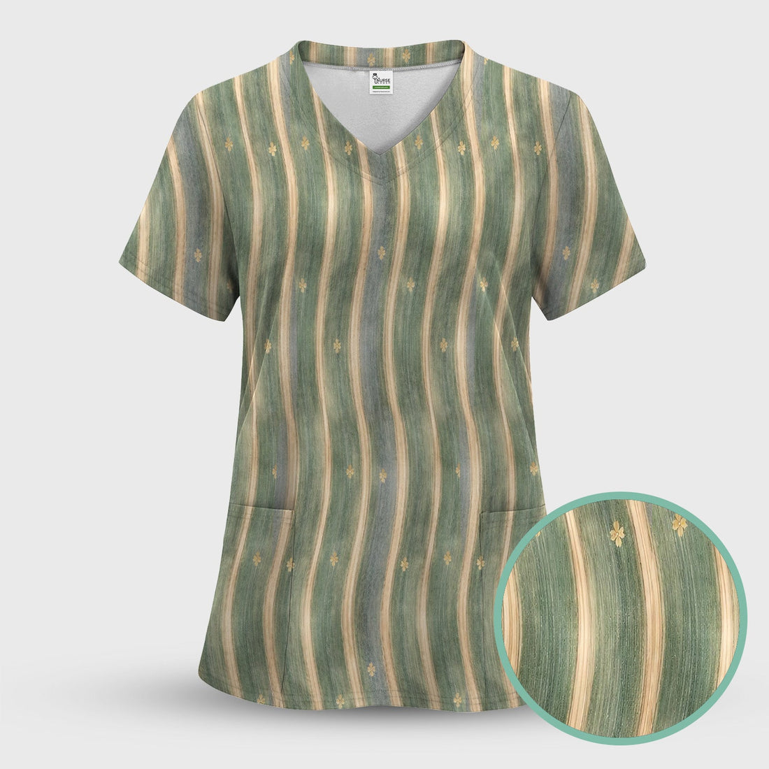 Nurse Green Vertical Stripe Floral Scrub Top