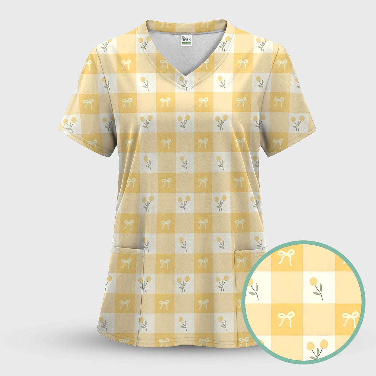 Yellow Gingham Bow Floral Nurse Scrub Set