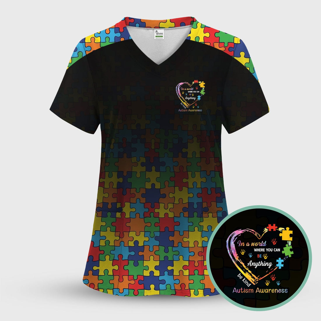 Autism Awareness Puzzle Heart Nurse Scrub Top