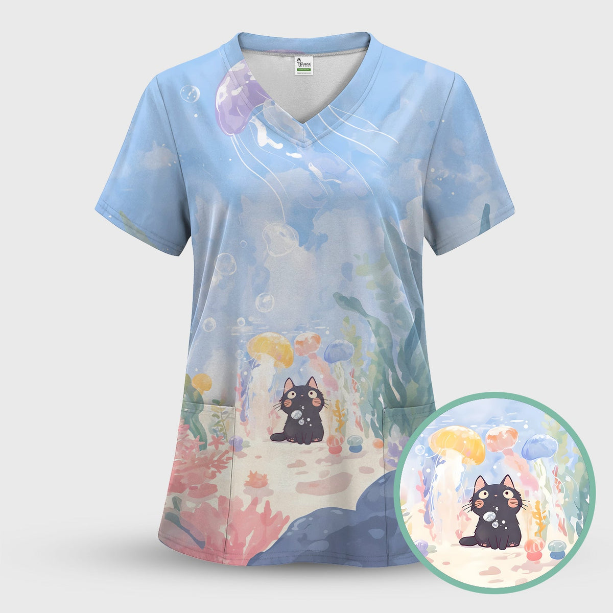 Underwater Black Cat Jellyfish Nurse Scrub Set