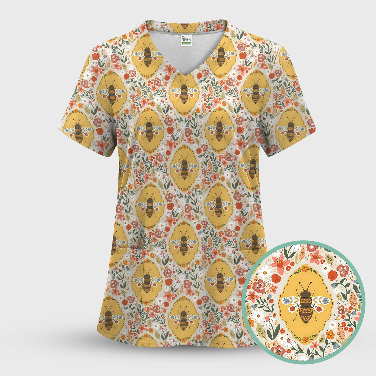 Vintage Honeybee Floral Garden Nurse Scrub Top