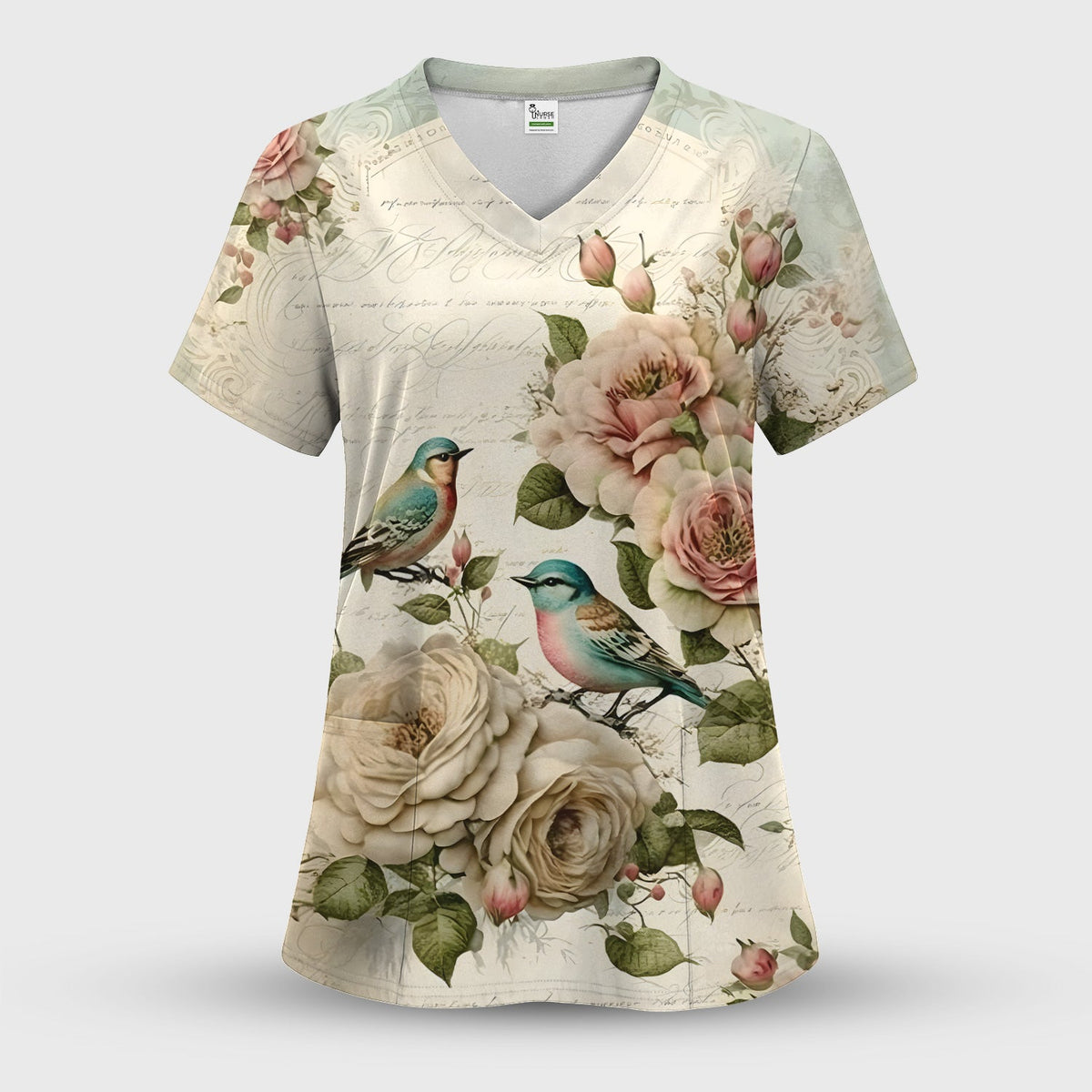 Vintage Birds Rose Nurse Scrub Top