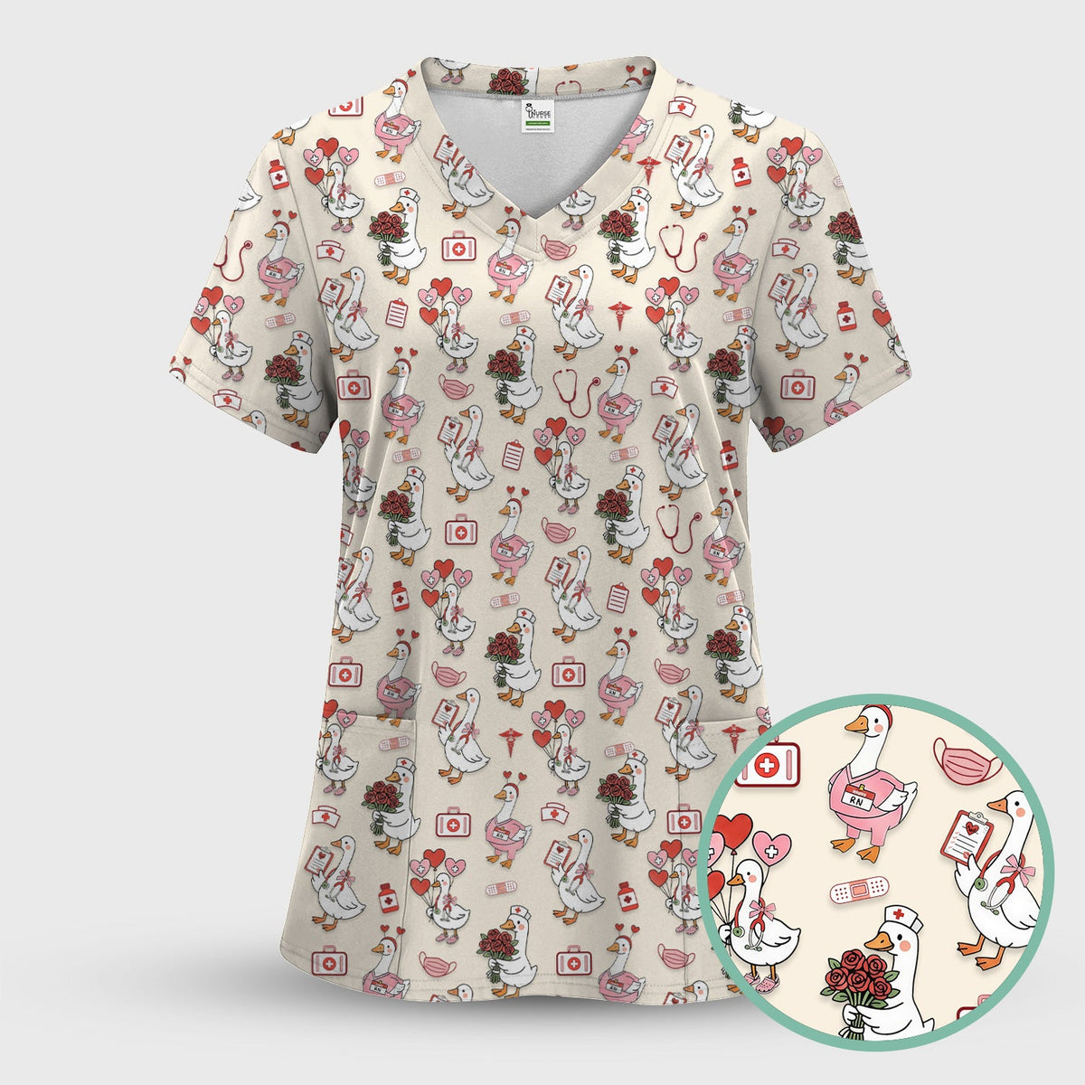Cute Goose Nurse Medical Pattern Scrub Set, Women's Scrub Sets