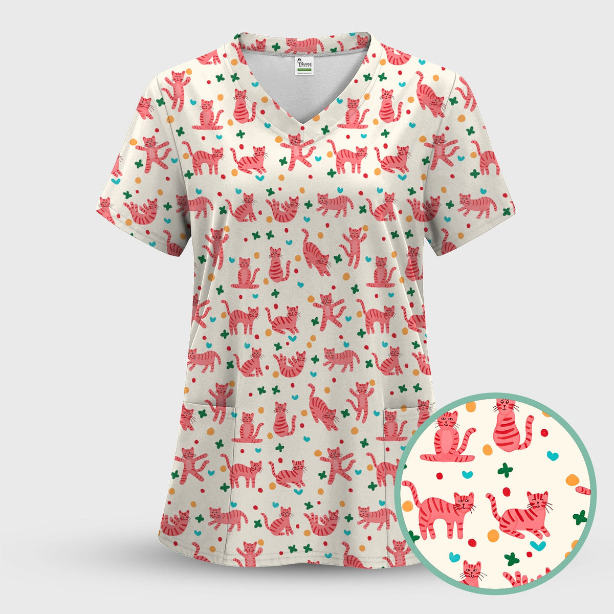 Pink Cat Nurse Scrub Top
