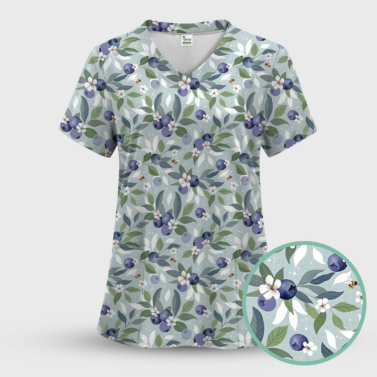 Fresh Blueberry Blossom Garden Nurse Scrub Top