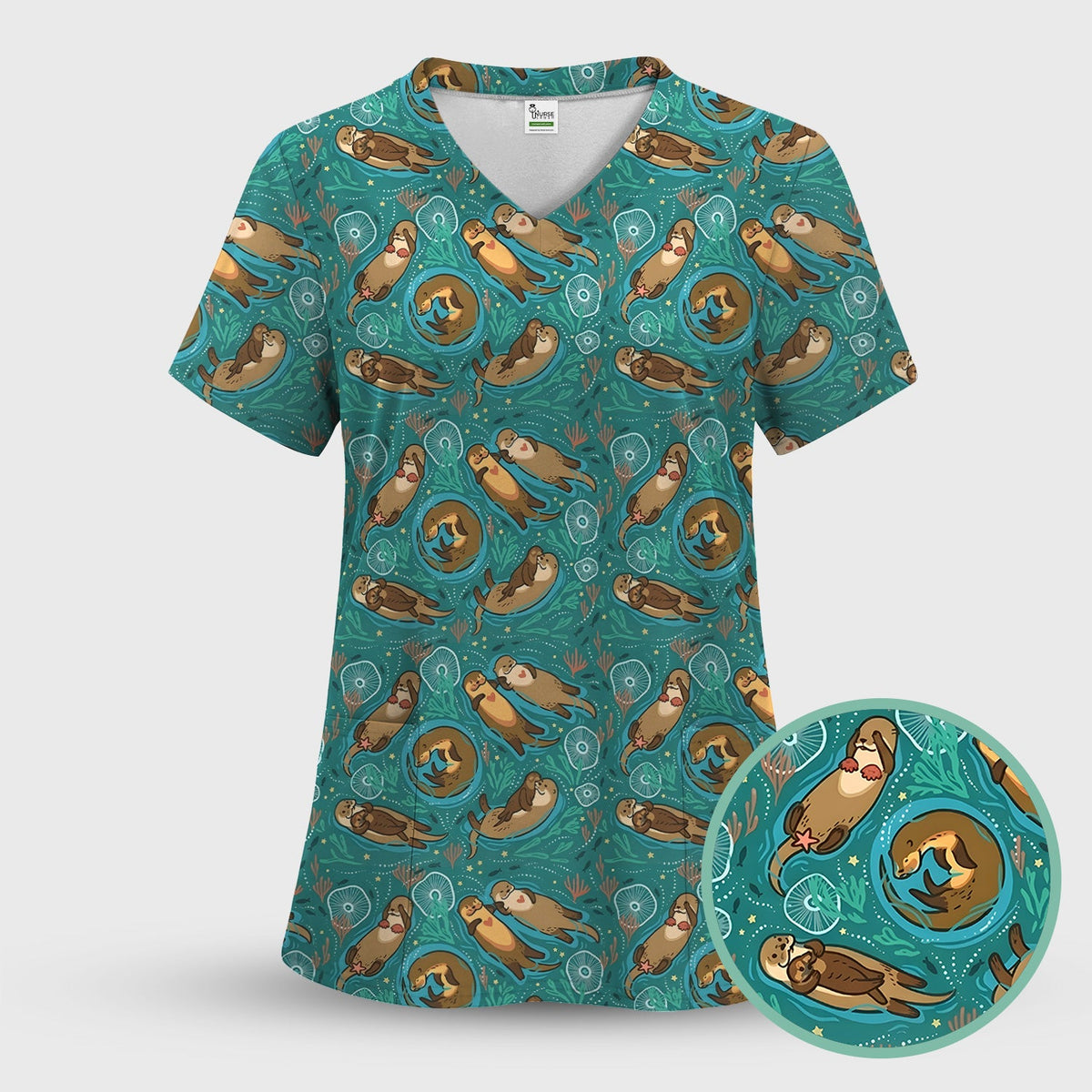 Sea Otter Floating Ocean Pattern Scrub Set, Scrub Pants and V Neck Top