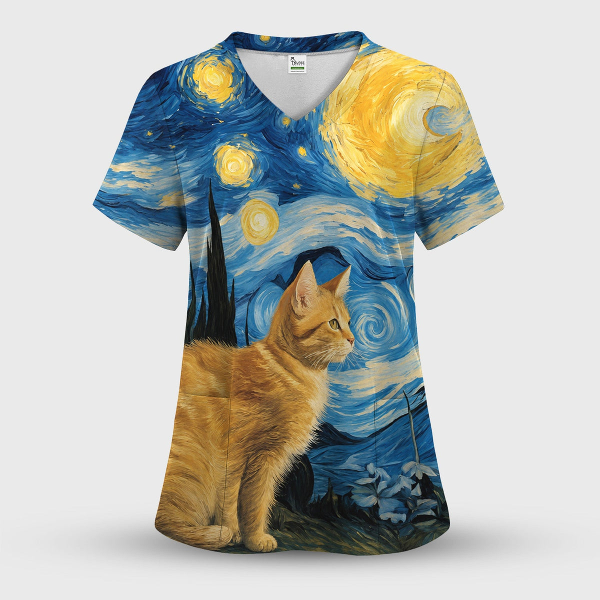 Swirling Moonlit Cat Scene Nurse Scrub Top