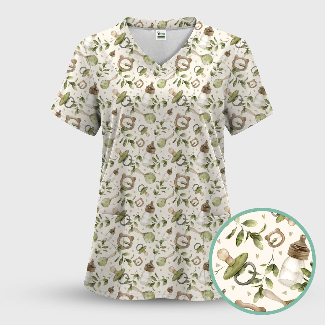 Cute Baby Bottle Greenery Nurse Scrub Top